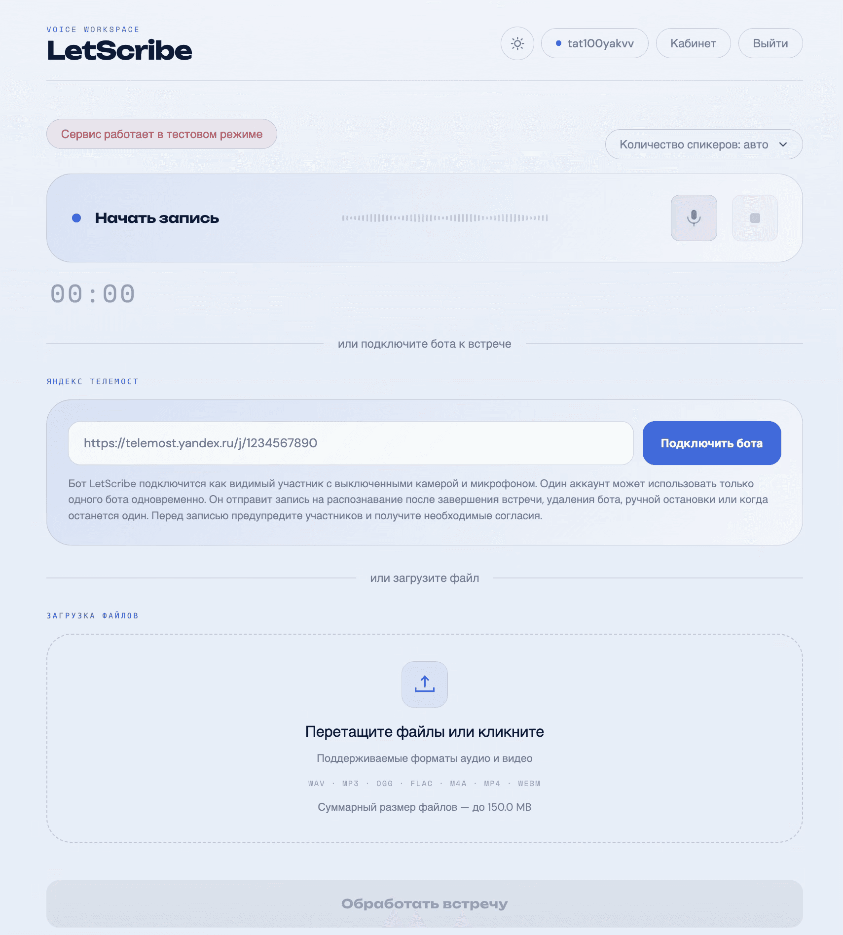 Интерфейс LetScribe в светлой теме